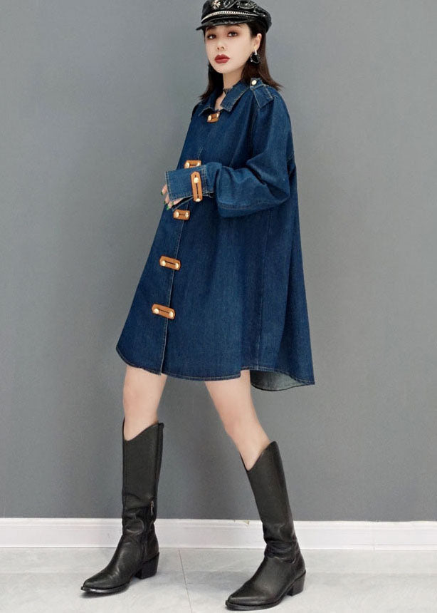 Blue Peter Pan Collar Cotton Denim Long Coat Long Sleeve