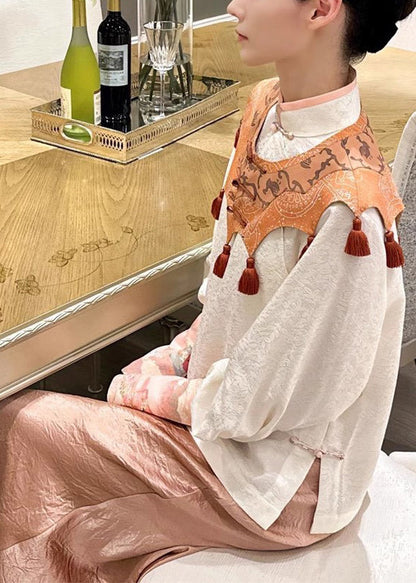Jacquard White Stand Collar Shirts Cloud Shoulder and Skirts Silk Three Pieces Set Spring