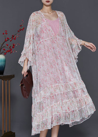 White Oversized Patchwork Chiffon Beach Dress Flare Sleeve
