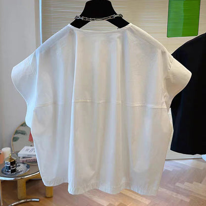 Vogue White O-neck Rose Button Shirts Batwing Sleeve Summer