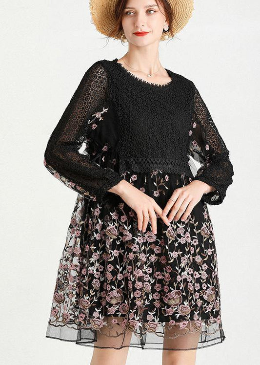 Diy Black Embroidery Lace Patchwork Summer Ankle Dress