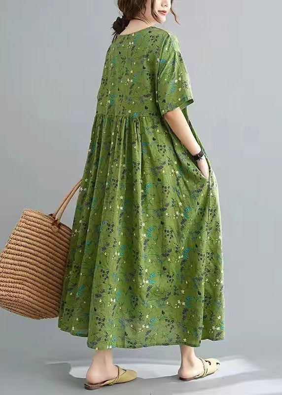 Green Print Patchwork Long Dress Short Sleeve