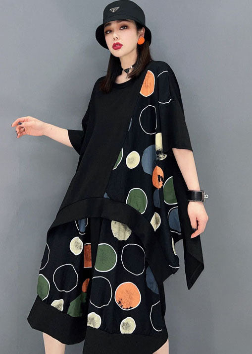 Black Asymmetrical Patchwork Dot Print Cotton Sets 2 Pieces Summer