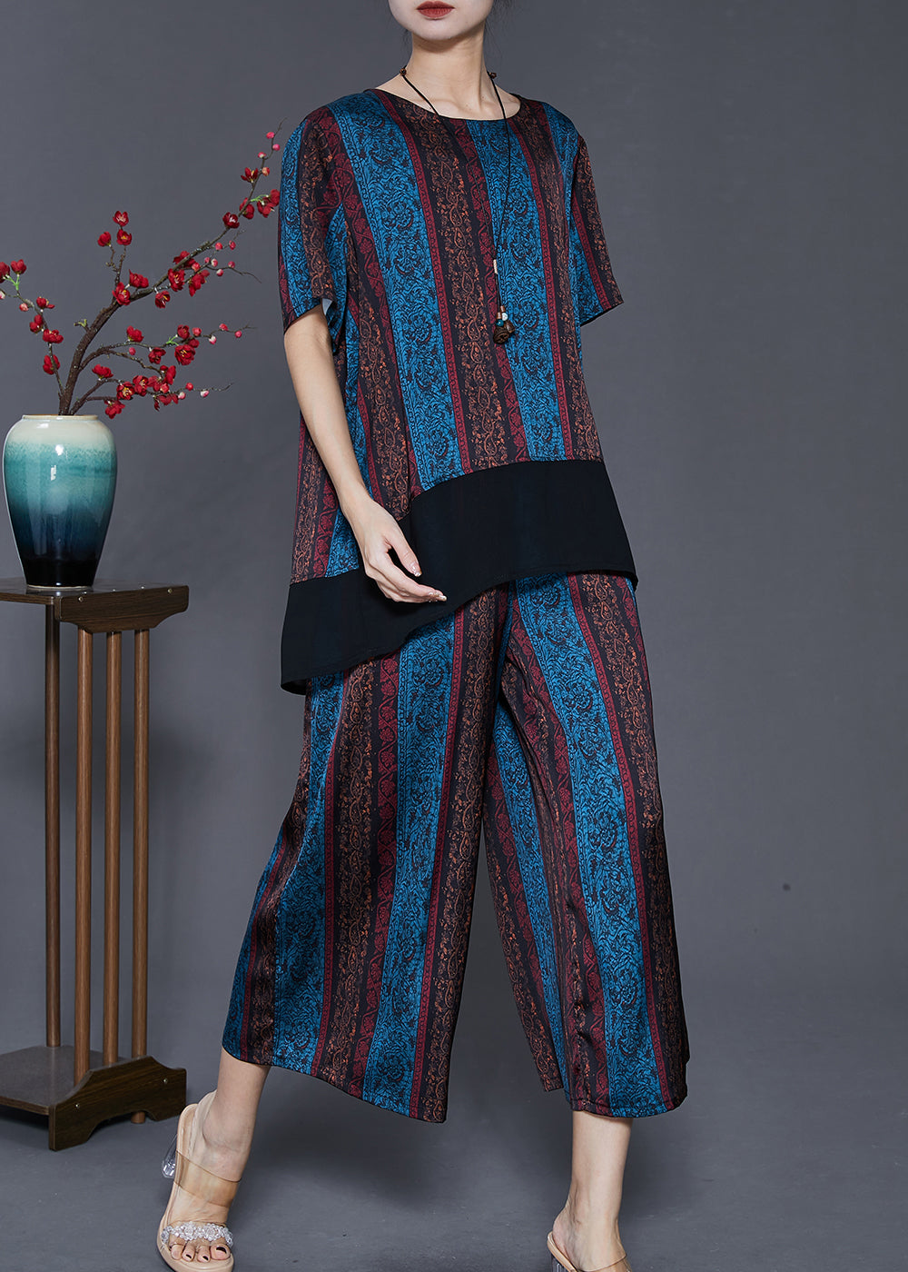 Blue Patchwork Silk Loose Two Pieces Set Low High Design Summer