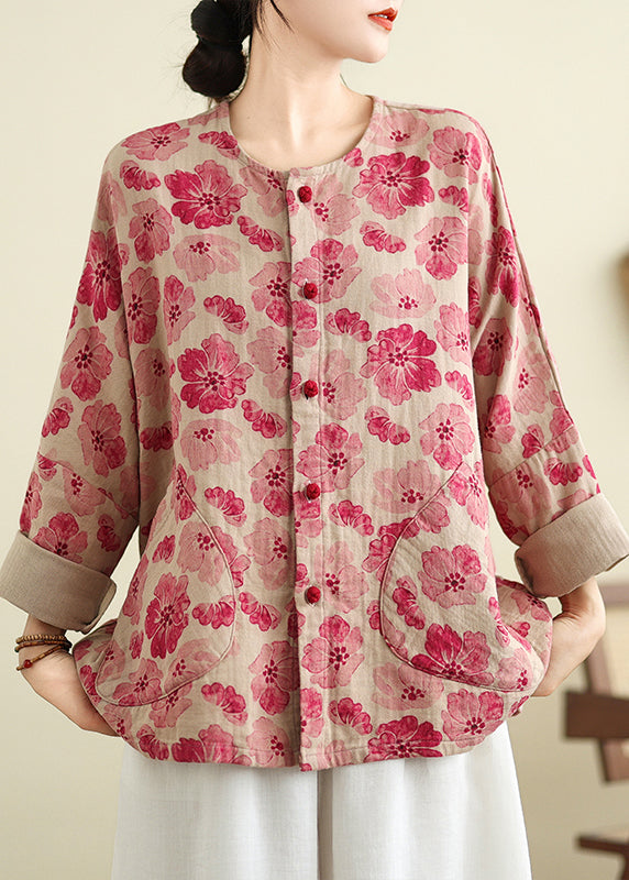 Red O Neck Pockets Print Cotton Shirts Coat Spring