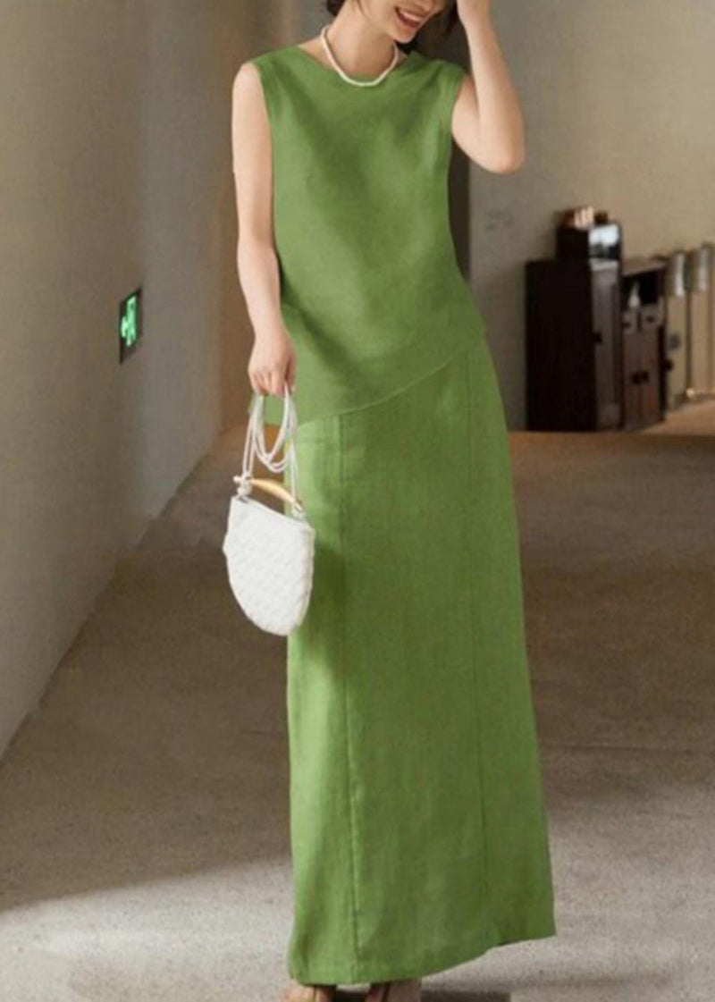 French Green O-neck Patchwork Linen Top and Maxi Skirts Two Pieces Set Sleeveless