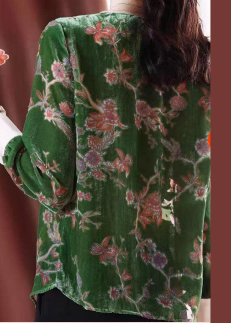 Diy Green V Neck Print Velour Blouse Tops Spring