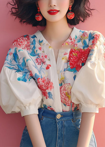 Organic Beige Peter Pan Collar Print Shirt Lantern Sleeve