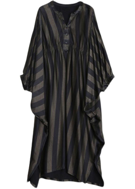 Style Black Striped Silk Maxi Dress Batwing Sleeve a Line Dresses