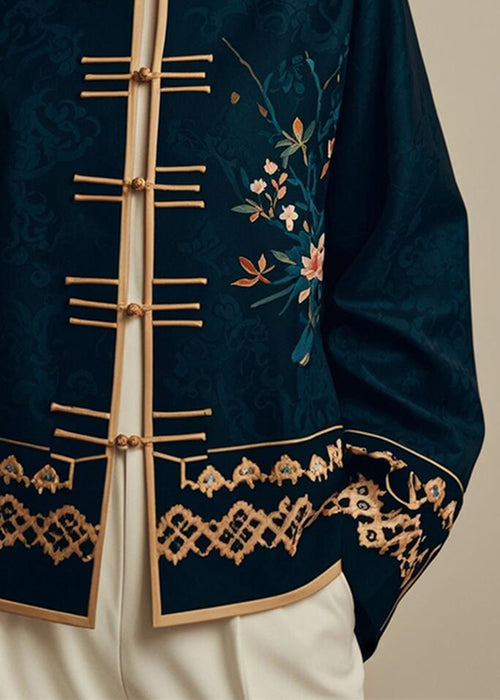 Navy Chinese Button Printsilk Coats Fall