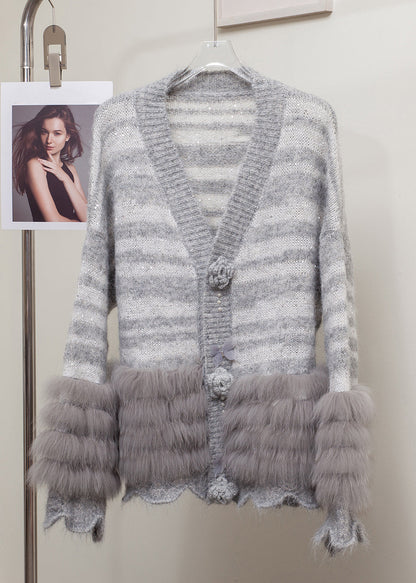 Striped Grey Fox Fur Patchwork Knit Cardigans Winter