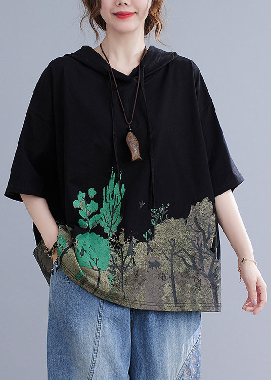 Black Hooded Print Cotton Sweatshirt Summer
