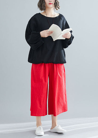 Black O Neck Wrinkled Patchwork Cotton Top Spring