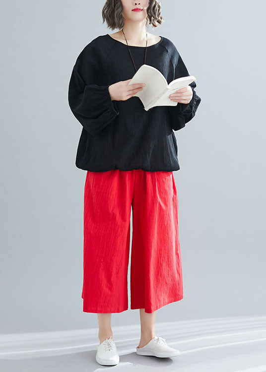 Black O Neck Wrinkled Patchwork Cotton Top Spring