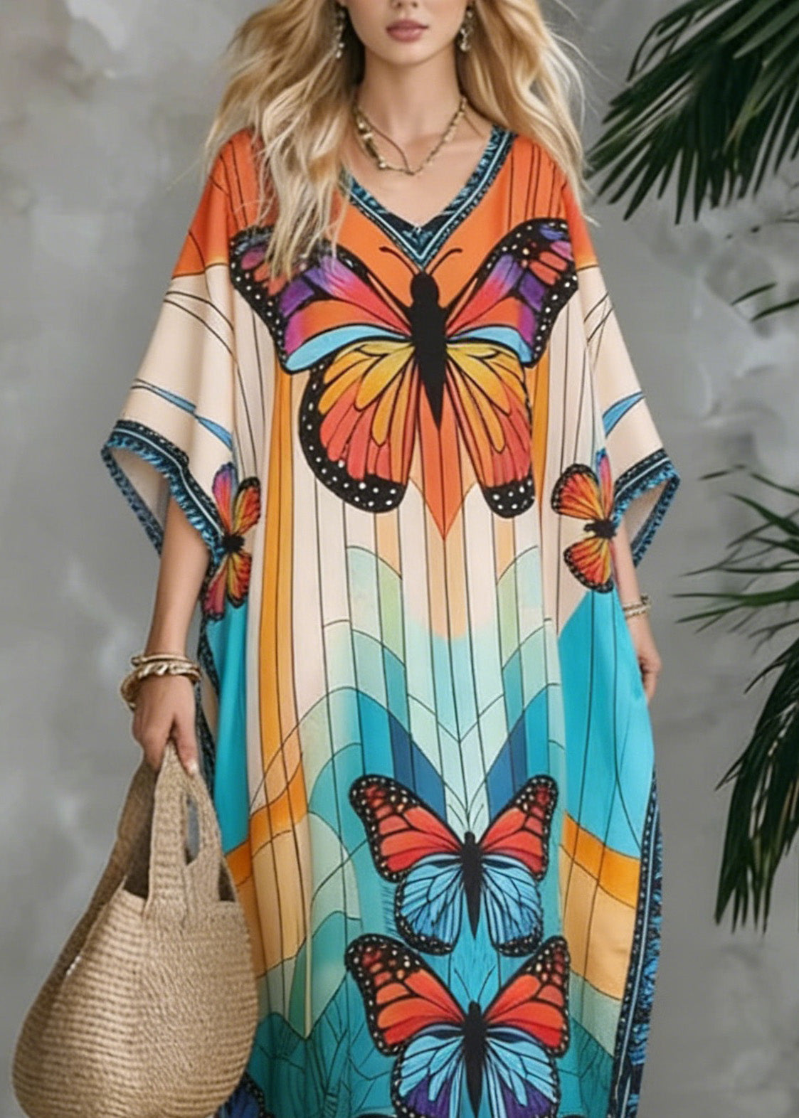 Stylish V Neck Butterfly Print Chiffon Maxi Dresses Summer