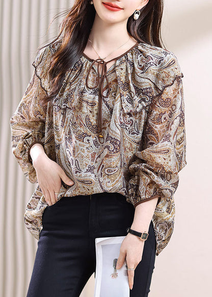 Lace Up Print Patchwork Chiffon Top Fall