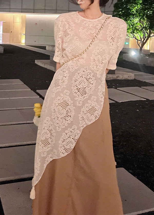 Beige Asymmetrical Hollow Out Lace Top Summer