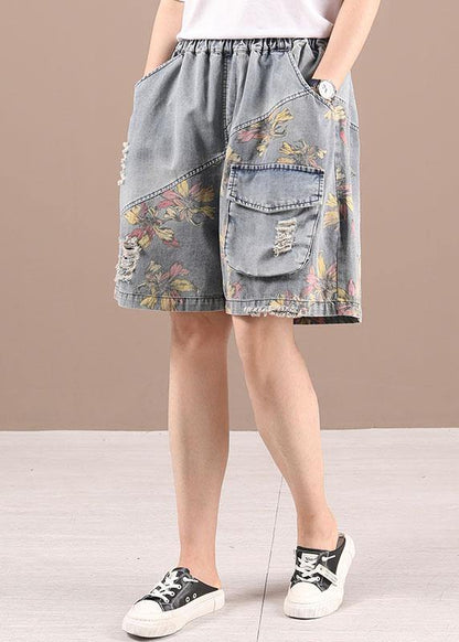 Organic Grey Patchwork Print Denim Hot Pants