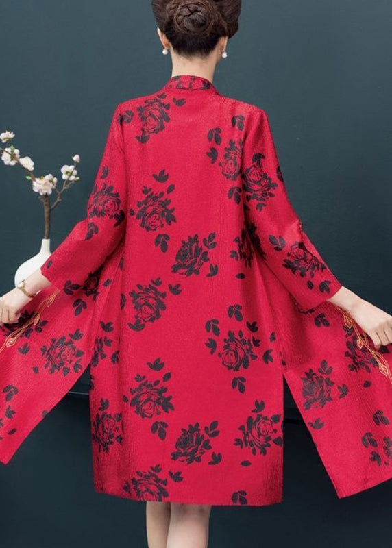 Unique Red Side Open Patchwork Thin Silk Coat Fall