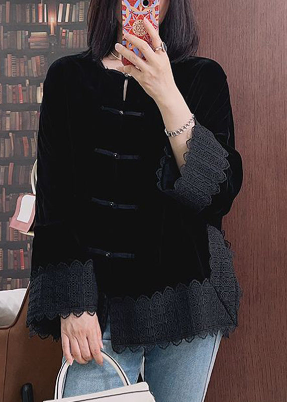 Black O-neck Silk Velour Coats Fall