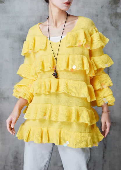 Yellow Ruffled Sequins Knit Pullover Spring