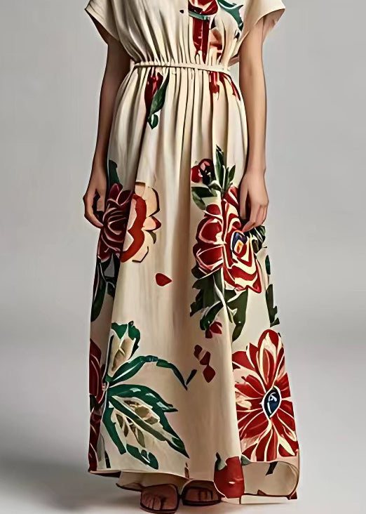 Light Khaki V Neck Print Cotton Long Dresses Summer