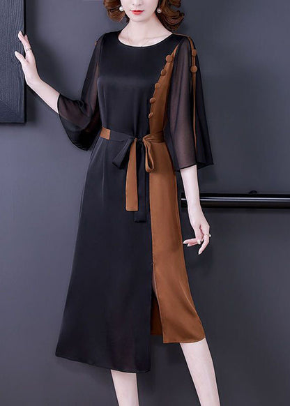 Colorblock O-neck Cinched Patchwork Side Open Silk Holiday Dress Summer