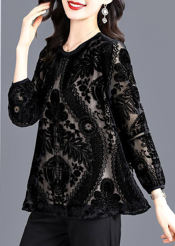 Black O-neck Hollow Out Patchwork Silk Velour Top Fall