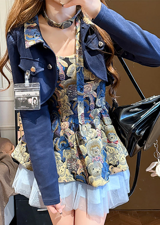 Unique Blue Print Tulle Patchwork Coats and Mid Dress Two Piece Set Fall