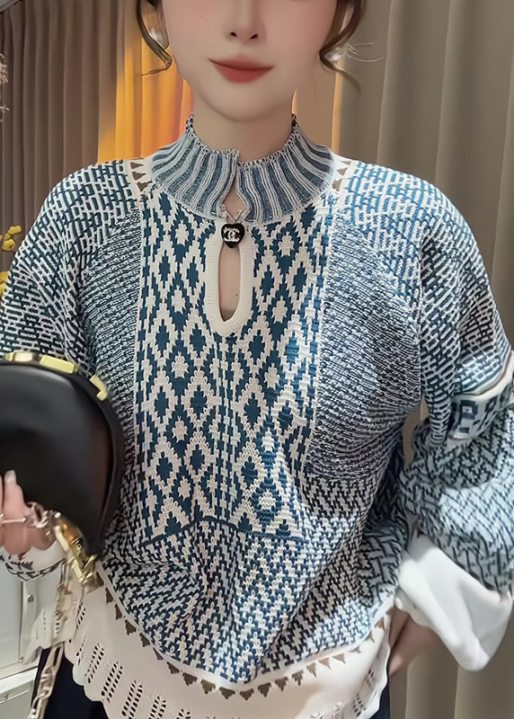 Blue Stand Collar Print Knit Sweater Fall