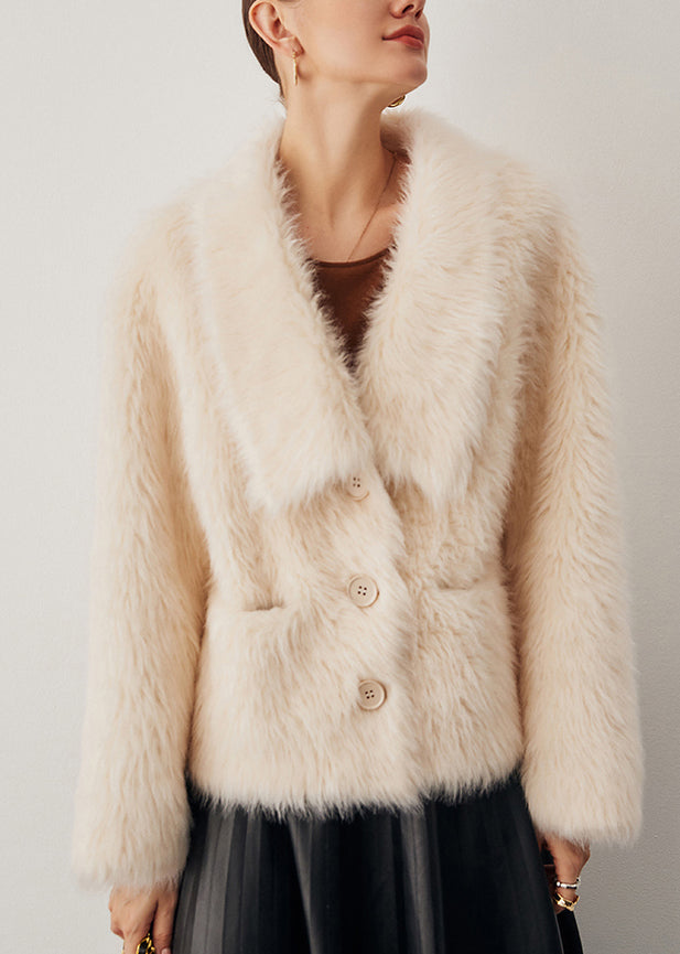 Beige Button Pockets Woolen Coat Winter