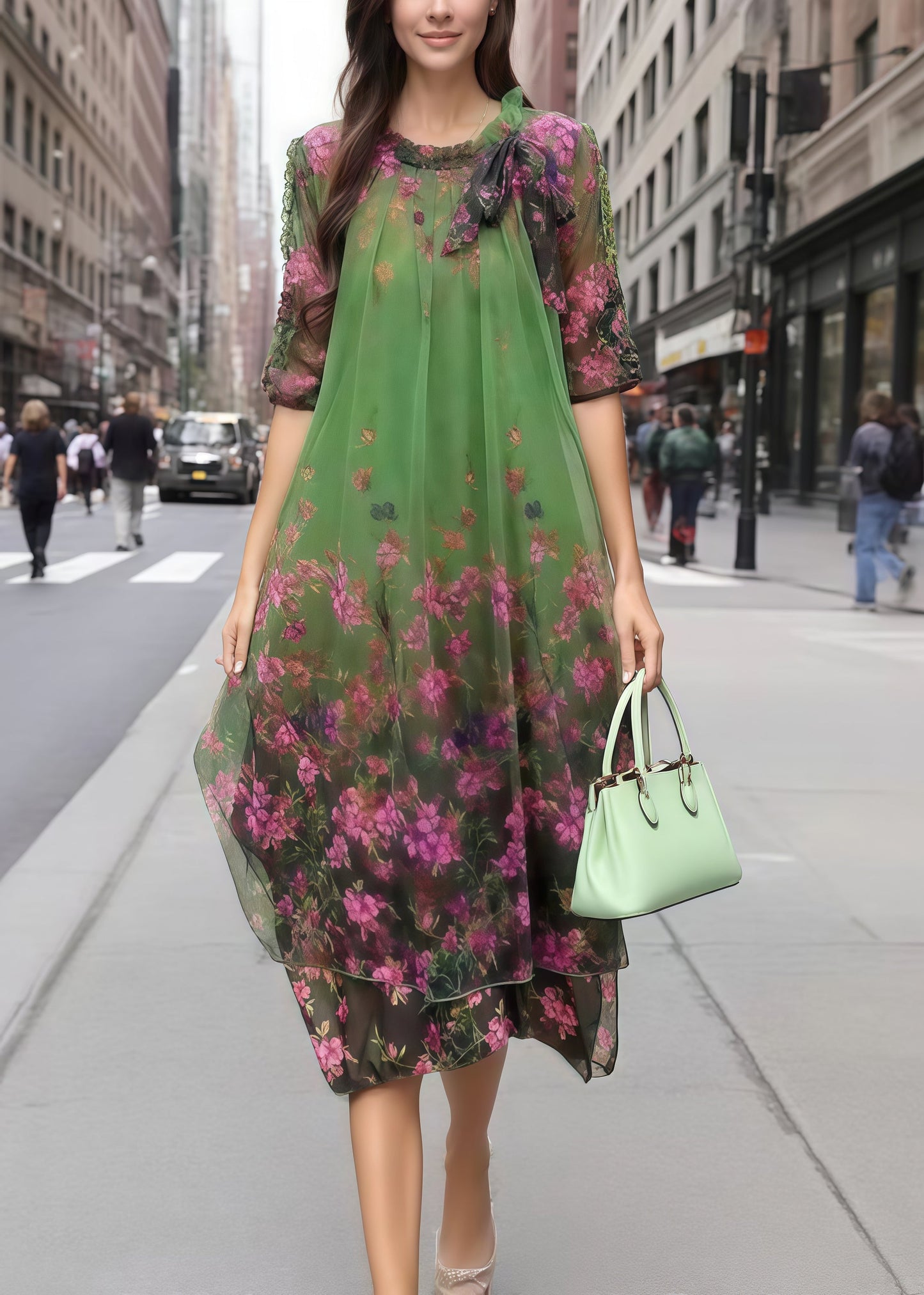 Green Print Chiffon Vacation Dress Half Sleeve