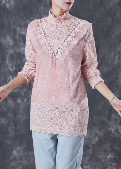 Pink High Neck Patchwork Lace Velour Shirts Winter