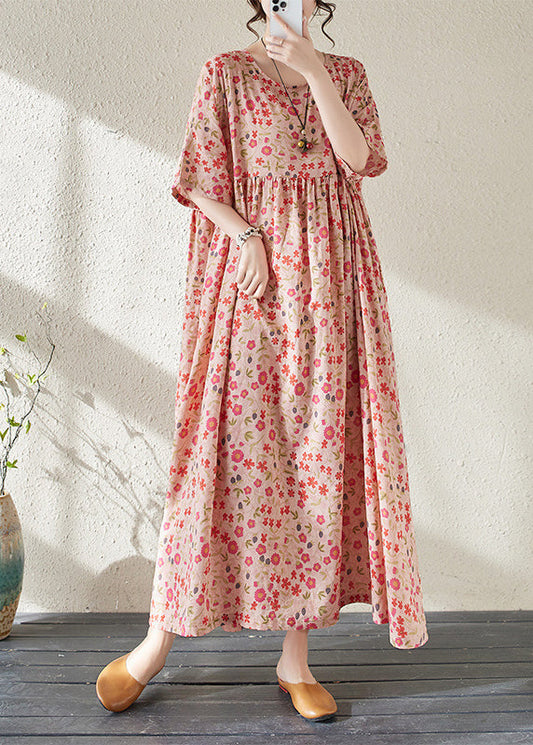 Red O-neck Print Wrinkled Long Dresses Short Sleeve