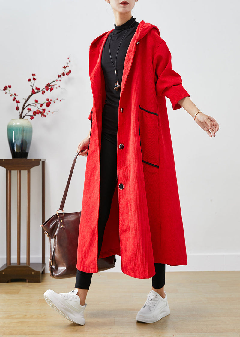 Red Hooded Big Pockets Corduroy Trench Coat Fall