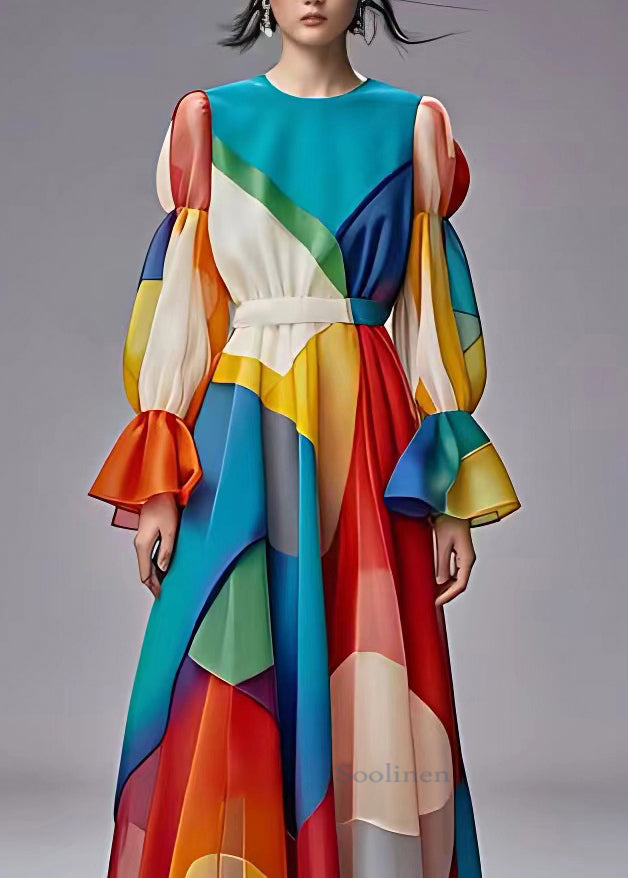 Classy Blue O-neck Flattering Party Chiffon Maxi Dress Long Sleeve