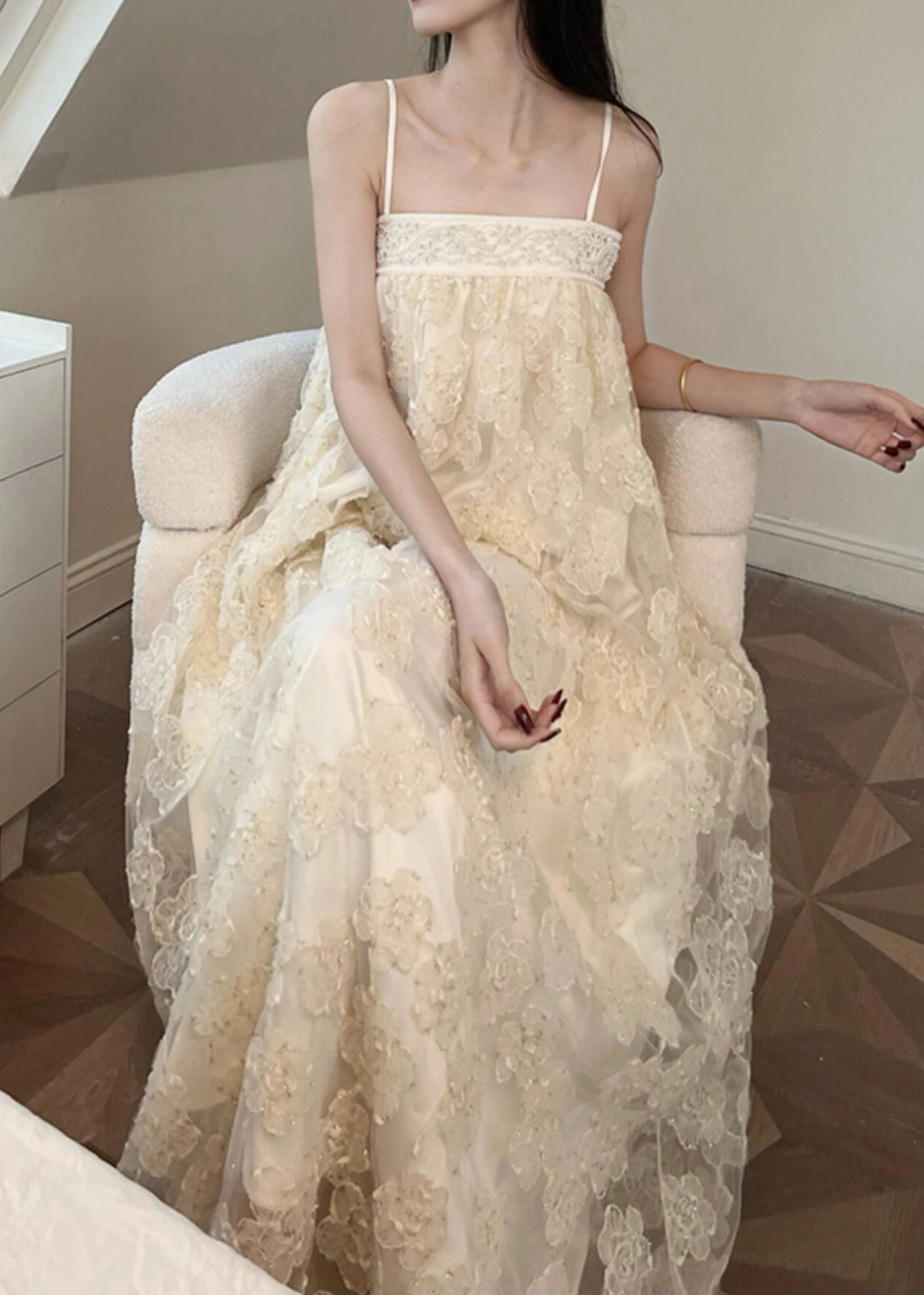 Beige Embroidered Tulle Patchwork Long Dresses Sleeveless