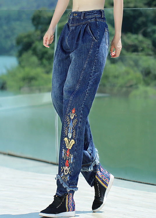 Retro Denim Blue Button Embroideried Straight Pants Spring