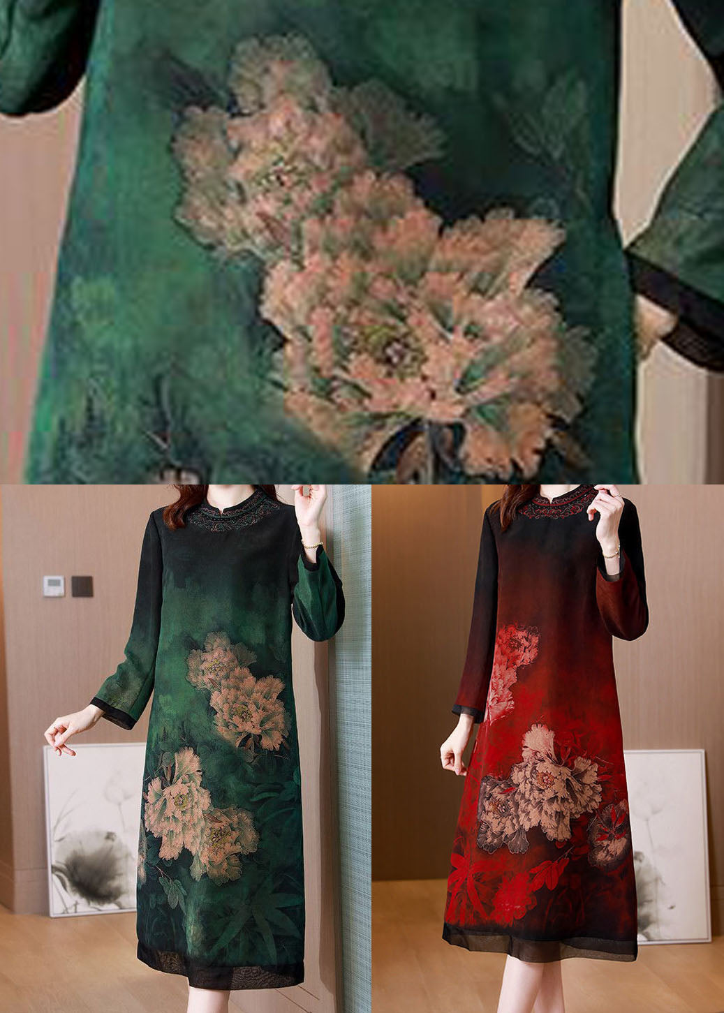 Stylish Red Stand Collar Print Silk Long Dress Spring