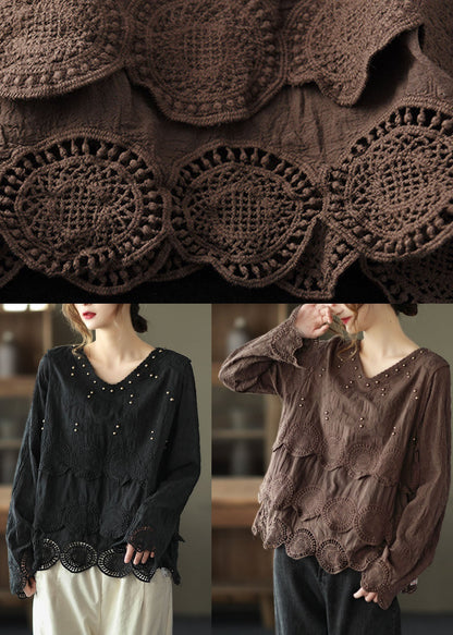 Classy Black V Neck Nail Bead Fall Tops Long Sleeve