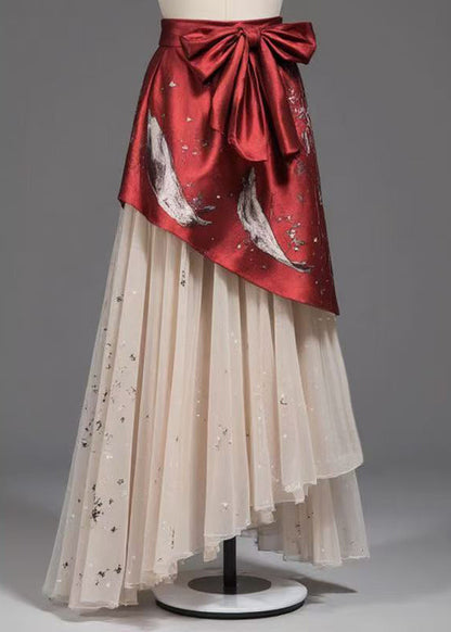 Unique Red Lace Up High Waist Patchwork Chiffon Skirt Summer