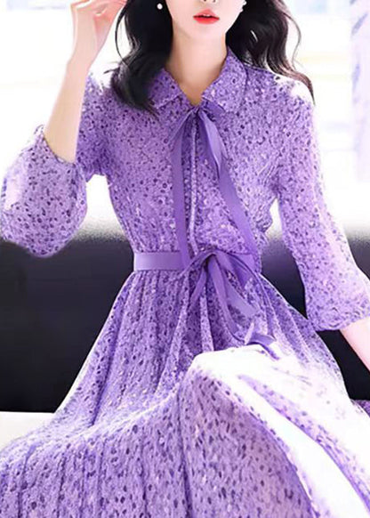 Purple Peter Pan Collar Print Chiffon Dress Bracelet Sleeve Summer