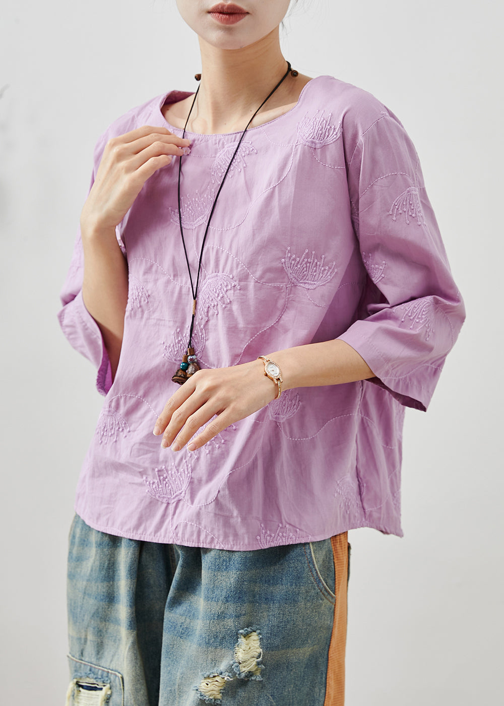 Purple Cotton Top O-neck Embroidered Summer