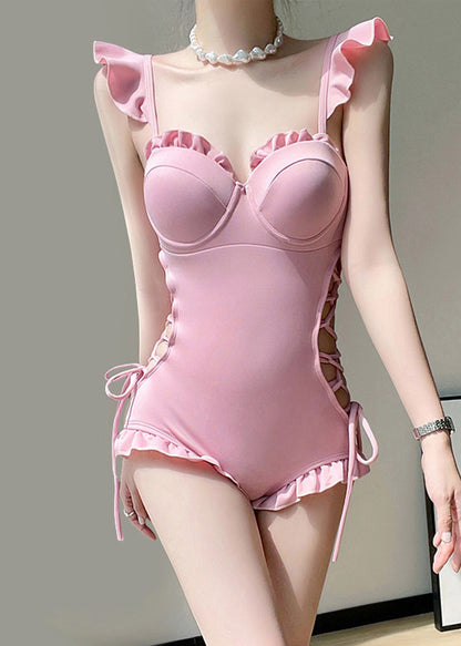 Pink Ruffled Patchwork Tie Waist Bodysuit
