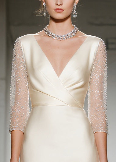 Champagne V Neck Patchwork Silk Dresses Summer