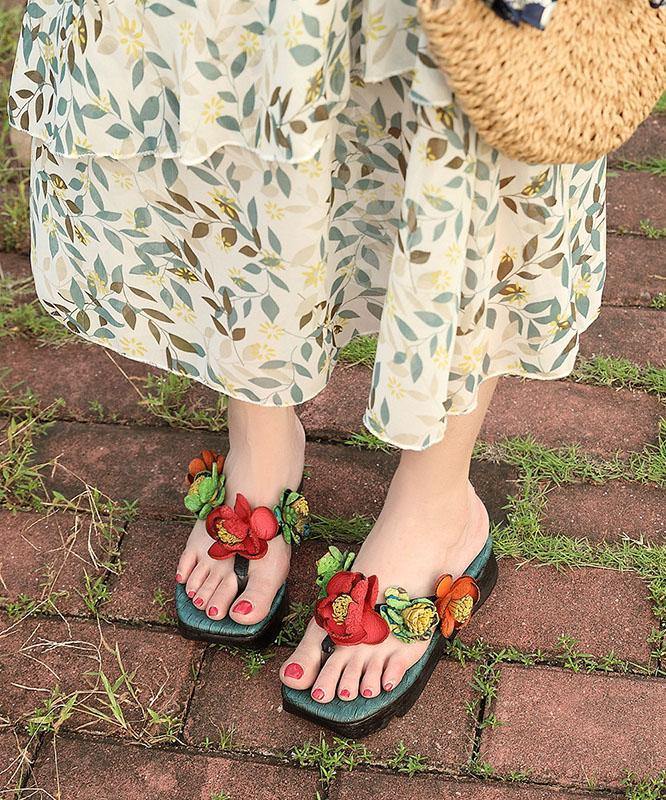 Wedge Thong Sandals Orange Cowhide Leather Flip Flops
