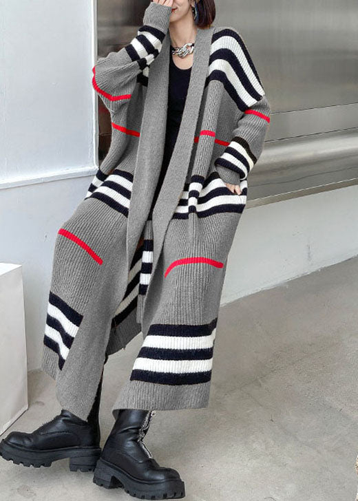 Art Grey Striped Cozy Fall Knit Cardigans
