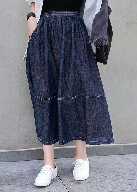 Denim Blue Pockets Elastic Waist Patchwork Skirts Spring