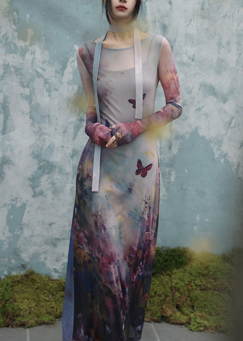Art O-neck Butterfly Print Tulle Two Pieces Set Fall