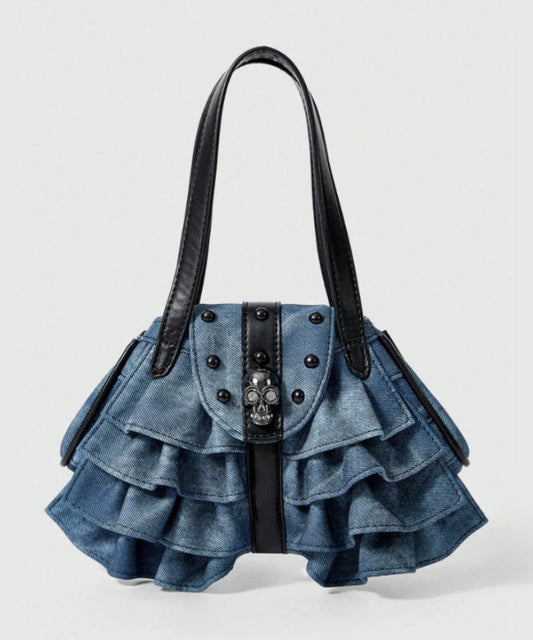 Blue Ruffles Patchwork Denim Nail Bead Shoulder Bags
